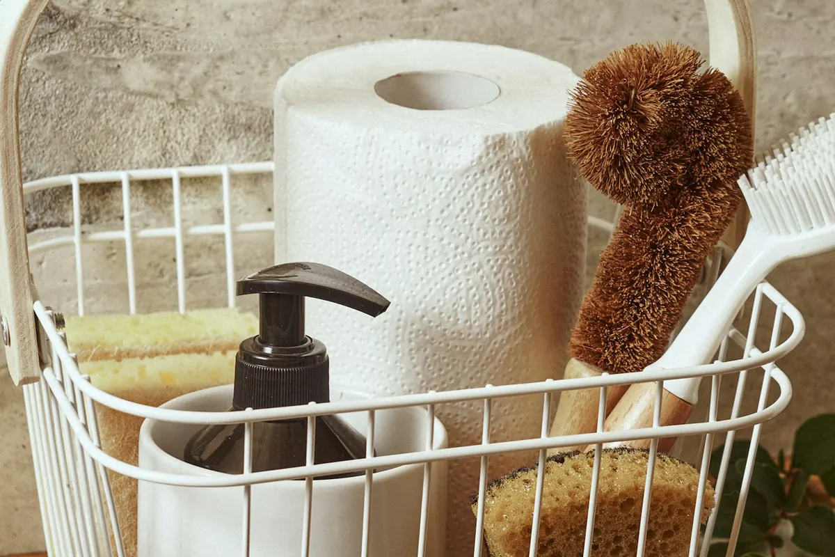 A wire caddy of cleaning supplies: a scrub brush, a dish brush, sponges and a soap pump