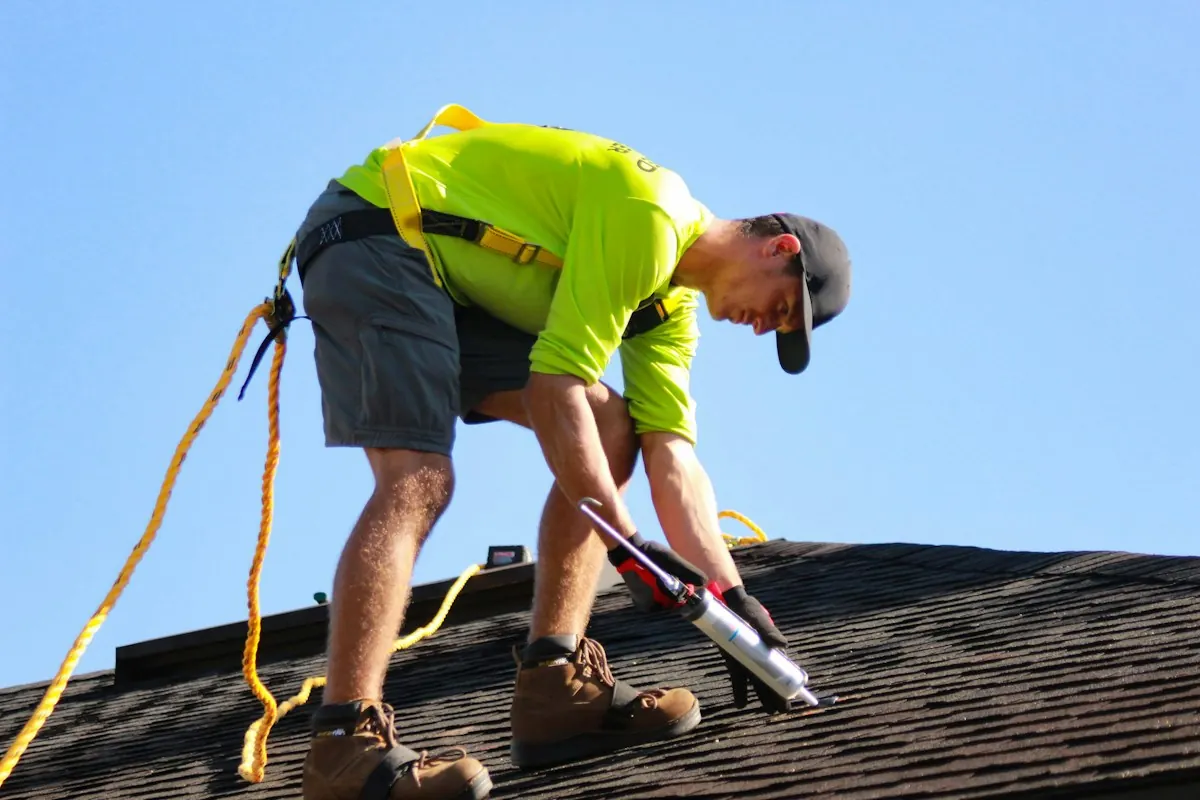 A roofer in a safety harness sealing shingles with a caulking gun
